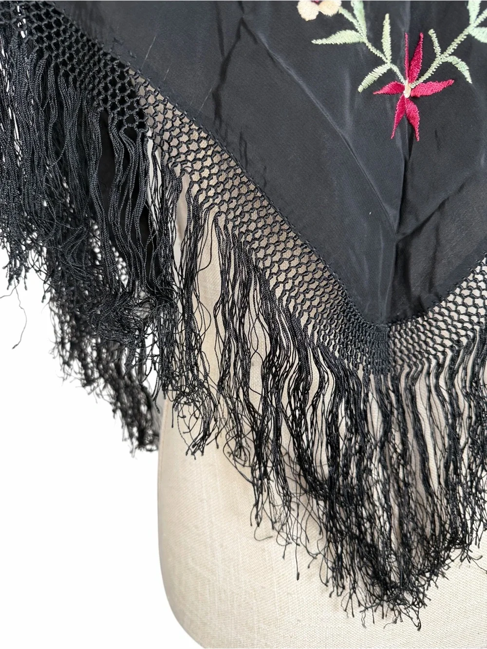 Women’s Black Colorful Floral Embroidered Fringe  Spanish Flamenco Piano Shawl